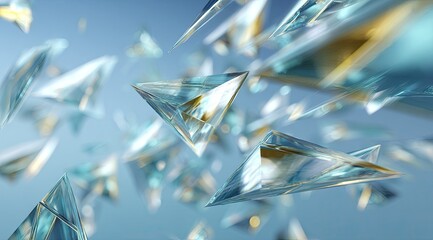 Geometric crystal shards floating against a soft blue background
