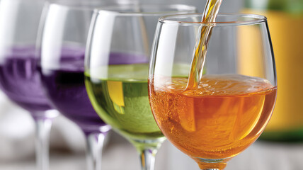 Colorful drinks being poured into wine glasses.