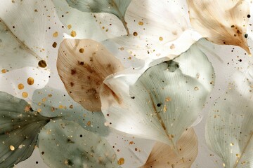 Delicate watercolor painting of translucent petals in muted green, brown, and white with gold flecks