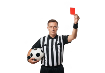 Soccer referee showing red card isolated on transparent background