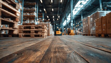 Vast warehouse interior with stacked goods, forklifts, and wooden pallets