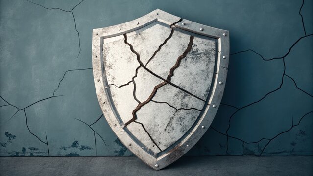Cracked shield war crime amnesty concept with damaged metal surface leaning against cracked wall