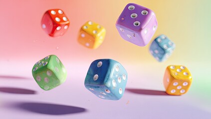 Colorful dice in various sizes and colors tumble and float against a gradient background