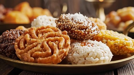 A delightful assortment of traditional homemade sweets and desserts featuring intricately designed spiral pastries coconutcovered treats and various other confectionery beautifully arranged on a rust.