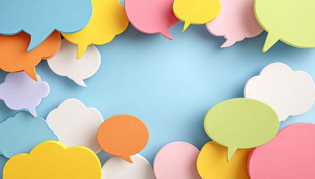 A vibrant array of colorful speech bubbles framing a tranquil blue background