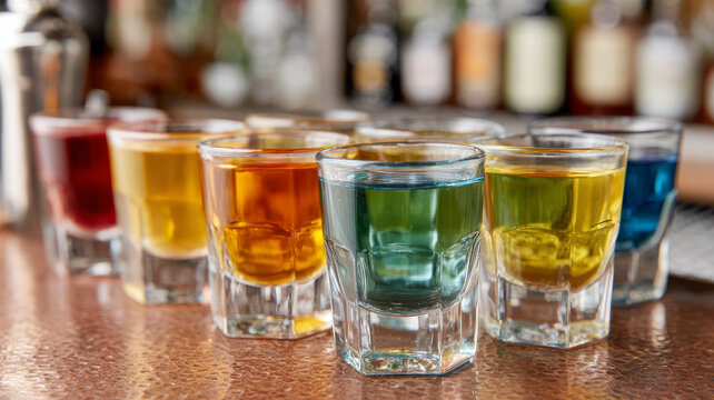 Colorful shots lined up at a bar in various glasses. - Powered by Adobe
