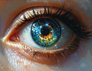 Futuristic eye with digital interface, showcasing advanced technology integration