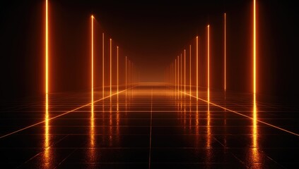 Endless tunnel of glowing orange lines receding into a hazy abyss