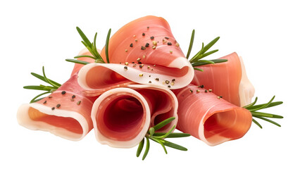 Sliced prosciutto with rosemary and black pepper, isolated on white or transparent background. PNG