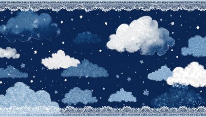 Watercolor clouds and stars on a deep blue night sky, with lace borders
