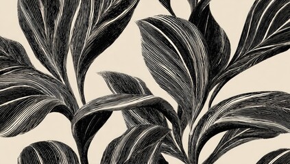 Detailed illustration of oversized, textured leaves in grayscale against a warm neutral background