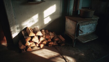 Rustic interior scene with wood stove, firewood, and sunlight streaming through a window