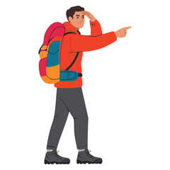 Man with backpack pointing with finger hiking adventures travel camping backpacking trip or expedition vector illustration perfect for outdoor adventure themes © Nass Studio
