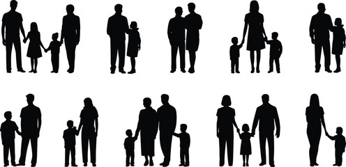 Family people silhouette set, parents and children standing together holding hands, mother father kids black vector figures isolated background