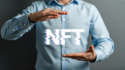 Businessman in blue shirt presenting digital NFT concept with hands, showcasing innovative technology and cryptocurrency investment opportunities in a modern environment