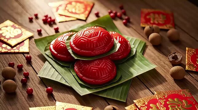 Celebrating Chinese Lunar New Year with red Ang Ku Kueh with traditional tortoise patterns on a Wooden Table