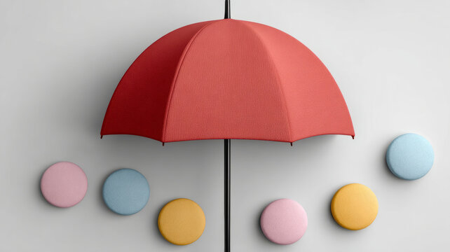 Red umbrella with colorful circles on a minimalist background. - Powered by Adobe