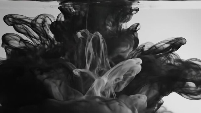 Extreme slow motion close-up of thick, opaque black and white ink swirling and dissolving in clear liquid creating hypnotic abstract patterns dynamic, extreme, chemical