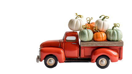 Red toy truck loaded with assorted colorful pumpkins isolated on a transparent background red truck orange pumpkins
