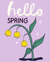 Hello spring greeting card invitation with bright flowers. Floral springtime hand drawn illustration.