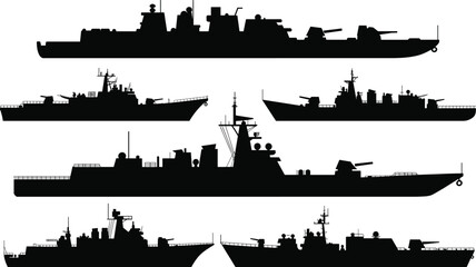 Modern naval warship silhouettes set, military destroyer cruiser battleship profiles, navy fleet vector illustration isolated white background on clean canvas © Creative Asif