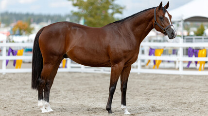 Obraz premium A brown horse standing in an outdoor arena at a show.