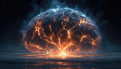 Digital rendering of a glowing, energy-filled shape resembling a brain, emanating bright light