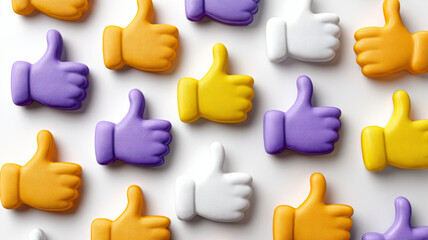 Colorful thumbs up icons in vibrant pattern on white background.