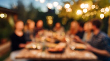 Joyful friends share an alfresco dinner celebrating connection under warm twilight garden lights