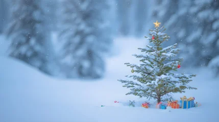 Sierkussen Meisjeskamer Festive Christmas tree glows warmly amidst snowy winter forest a serene seasonal holiday display  © decorator