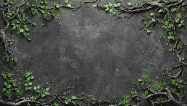 A dark gray stone surface framed by vines and greenery