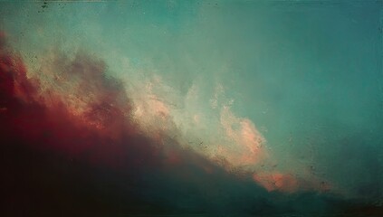 An abstract view of vibrant reds and dark blues melding into a dreamy turquoise, hazy background