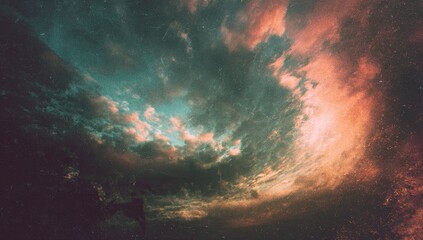 Abstract depiction of swirling clouds in the sky with orange and teal hues