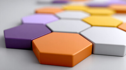 Colorful hexagon pattern with purple, orange, and white tiles.