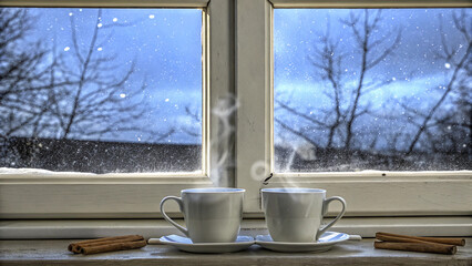 Winter Rain Scene with Foggy Window and Glowing Tea-Inspired Border