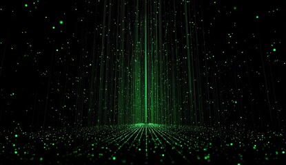 Abstract dark background with glowing green particles and light beams