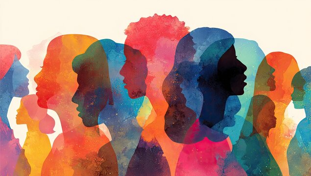 Silhouettes of diverse people in vibrant watercolor hues, layered on a cream background