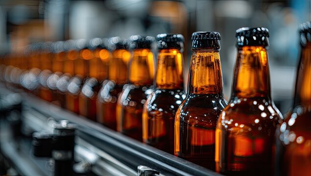 Amber glass bottles with metal caps move along a factory conveyor