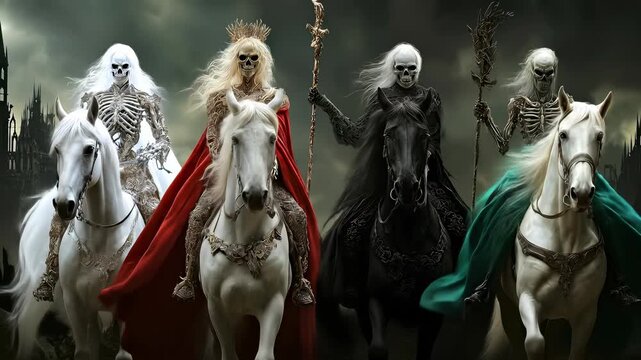 Video apocalyptic quartet: conquest specter, war phantom, famine herald, death rider, chaos omen, doom figure, ruin curse, divine wrath, cosmic fate, mythic tale, eternal sign, final prophecy,