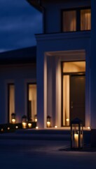 Obraz premium Elegant modern home exterior glows at twilight showcasing refined architectural design and a peaceful serene landscape