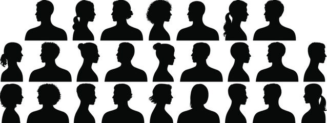 People head silhouette set, male female profile portraits, diverse human face side views, black vector illustration, avatar identity collection, isolated on white background © Creative Asif