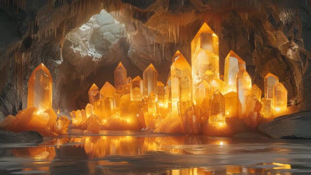 4K Glowing orange crystal formation inside a dark cave with water reflection and stalactites video