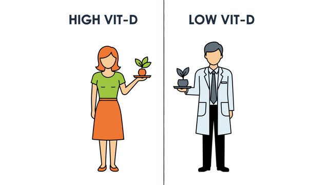 Comparison illustration between high and low Vitamin D levels showing a healthy woman with a thriving plant versus a doctor with a wilting plant.