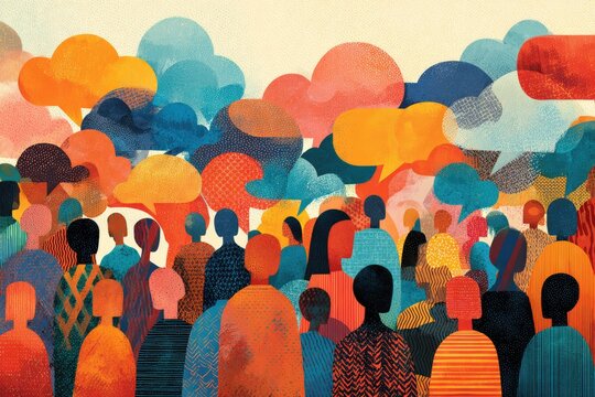 An illustrated crowd with layered figures and overlapping speech bubbles conveying diverse dialogue