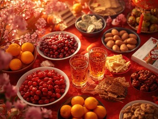 Vibrant holiday feast with fruits and drinks