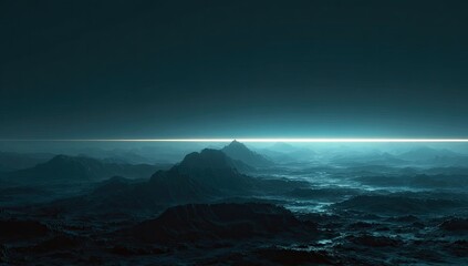 A dark, dramatic, and moody landscape featuring a mountain range and a misty atmosphere