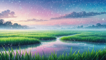 雨が降る草原 広い草原にたくさんの雨が降り注いでいる　