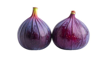 Two ripe, purple figs with textured skin, a short stem, and deep red flesh