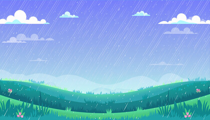 雨が降る草原 広い草原にたくさんの雨が降り注いでいる　