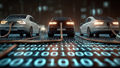 Digital future electric cars charging amidst glowing binary code